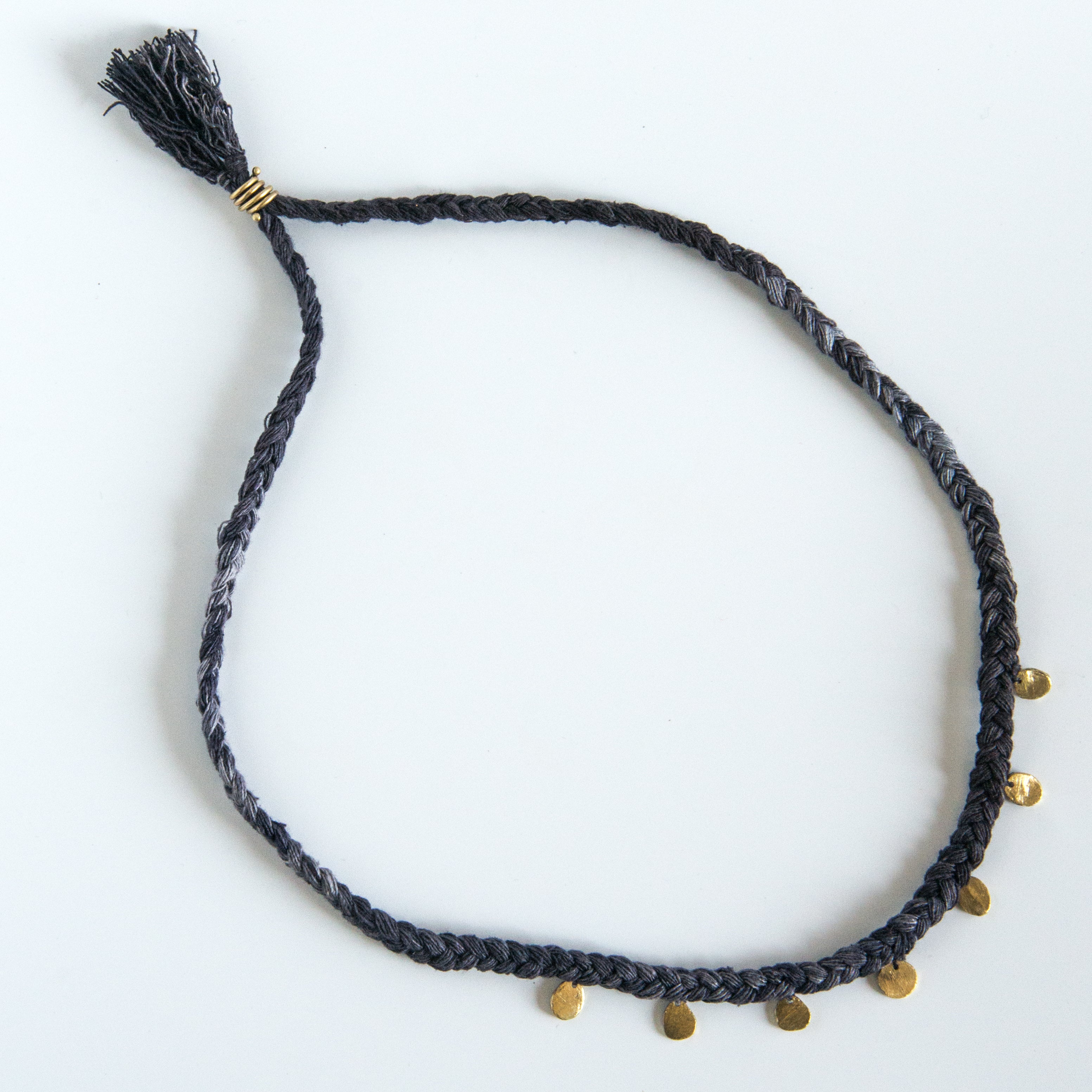 Purple silk braid necklace with seven circle pendants