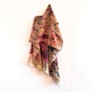 front view of hanging eco dyed silk scarf 